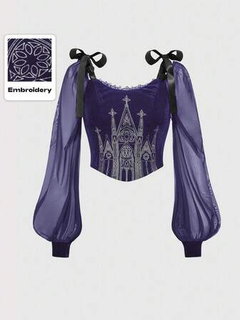 Goth Blusa de manga abullonada con cuello cuadrado de encaje, parches y malla negra con bordado de cruz y castillo gótico vintage para mujeres