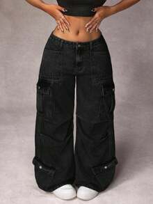 Jeanoix 大码休闲水洗低腰阔腿工装牛仔裤 - 藍色 - 查看 5