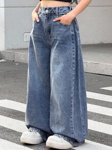 SHEIN Tween 女童高腰口袋阔腿宽松休闲百搭牛仔裤，秋冬 - 中等水洗藍 - 查看 8