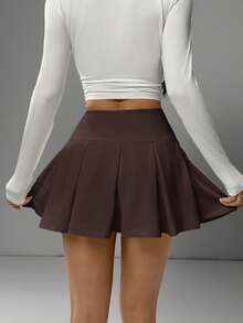 SHEIN EZwear Chocolate Brown Casual Versatile Plus Size Sports Mini Pleated Skirt,Autumn Back-To-School Graduation Chic Elegant Solid Color For Party,Wedding,Date - Chocolate Brown - View 2