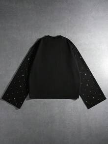 PAVTROS Herren Lässige Mode Street Strass Jesus Kreuz Muster Weite Langarm Loose Schwarzes T-Shirt, Frühling/Herbst