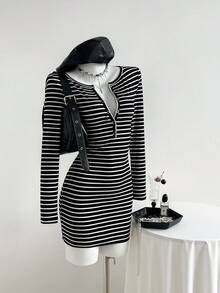 SHEIN Unity Women's Black & White Striped Boat Neck Button-Up Long Sleeve Waist Cinched Bodycon Mini Dress, Sexy Fitted Design, Autumn European Style - Black and White - View 1