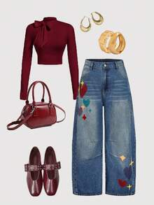 SHEIN MOD Plus Size Women Blue Fashion Belt Loop Heart Pattern Versatile Jeans Fashionable Plus Size Wide-Leg Jeans Featuring Playful Heart And Star Embellishments Comfortable Everyday Denim Winter Clothes Christmas Women's Clothing Christmas Outfit For Women  Christmas Jeans New Year Clothes Thanksgiving Outfit For Women  Casual Jeans For Women