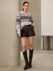 Mulvari Women's Casual Vacation Style Fair Isle Pattern V-Neck Loose Pullover Sweater, Autumn/Winter - Multicolor - View 5
