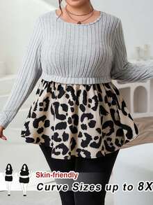 SHEIN CURVE+ 大码女士休闲优雅豹纹罗纹拼布毛衣，秋冬 - 彩色 - 查看 1