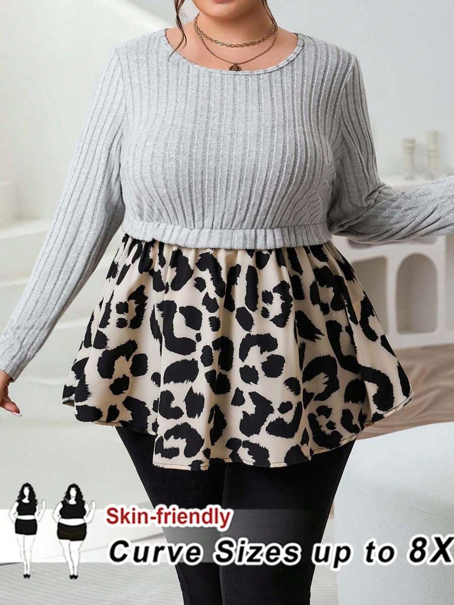 SHEIN CURVE+ 大码女士休闲优雅豹纹罗纹拼布毛衣,秋冬 - 彩色 - 查看 1