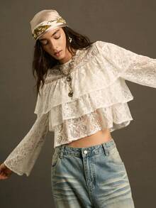 SoleilVie 女士秋冬多层蕾丝荷叶边衬衫、斗篷衬衫、仙女芯 - 白色 - 查看 4
