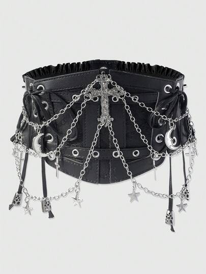 Goth 1 pezzo Accessorio gotico per abito da donna, con catena in pizzo nero, decorazione a teschio e croce, fascia elastica in vita, per Ognissanti