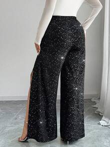 Elenzga Pantalon droit à fente haute et feuille métallique pour femmes grandes tailles, convient pour le quotidien, les fêtes, les concerts et les festivals de musique - Noir - Voir 2