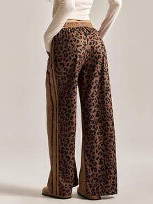 Easelle 休闲通勤豹纹拼布抽绳腰运动裤 - 棕色 - 查看 2
