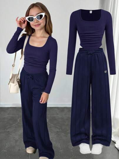 SHEIN Tween Girl Casual Street Style Ruched U-Neck Long Sleeve Ribbed Knit Fitted T-Shirt And Pleated Wide Leg Sweatpants Set, Suitable For Home, Outdoor, School, Navy Blue