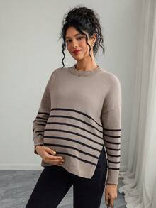 Momance 宽松条纹立领落肩长袖开衩休闲针织孕妇毛衣 - 摩卡棕 - 查看 4