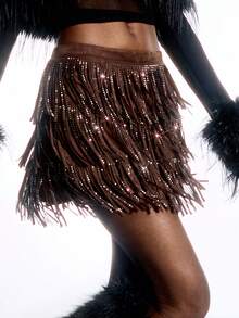 LYSMO 2025秋冬新款女士时尚性感亮片流苏迷你棕色半身裙，适合派对、复古风性感夜店派对、万圣节装扮、新年造型 - 棕色 - 查看 4