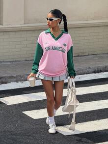 Muchica Pink Women's Contrast Color Knit Letter Pattern Dropped Shoulder Loose T-Shirt Retro Clothes - Pink - View 6