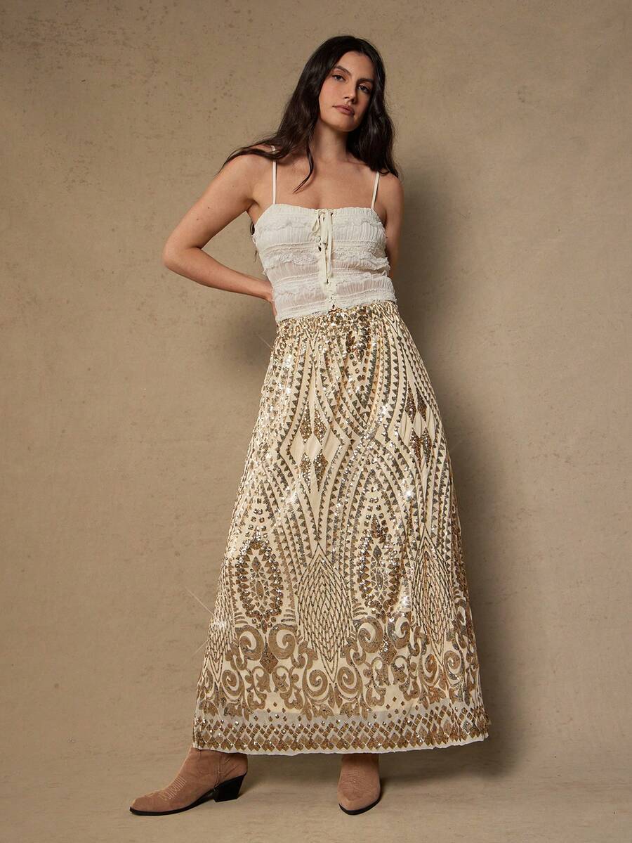 Freevana Váy dự tiệc lãng mạn trang trí sequin lấp lánh cỡ lớn dành cho nữ, tiệc thu/đông - Rượu sâm banh - Xem 1