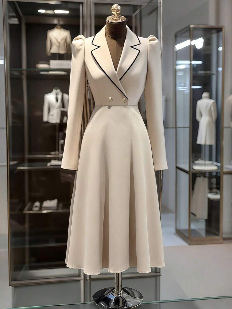 Franclia 休闲 V 领束腰喇叭下摆卡其色中长连衣裙，通勤和日常穿着百搭，春秋季 - 杏色 - 查看 1