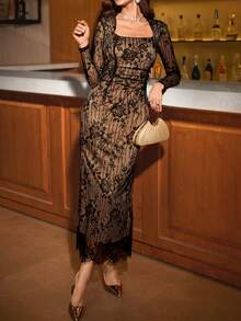 Ellevyn 女式方领长袖收腰紧身蕾丝连衣裙，优雅日常穿着，性感派对社交活动穿着