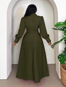 Veslaya 優雅軍綠色女款大尺碼 Najma 秋季洋裝，燈籠袖長版生日禮服，橄欖綠秋冬新款服飾 - 軍綠色 - 查看 2