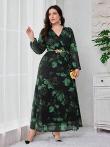 Modelyn Đầm dạ hội dài tay bồng bềnh họa tiết hoa cổ chữ V thanh lịch cho nữ cỡ lớn - màu xanh lá - Xem 1