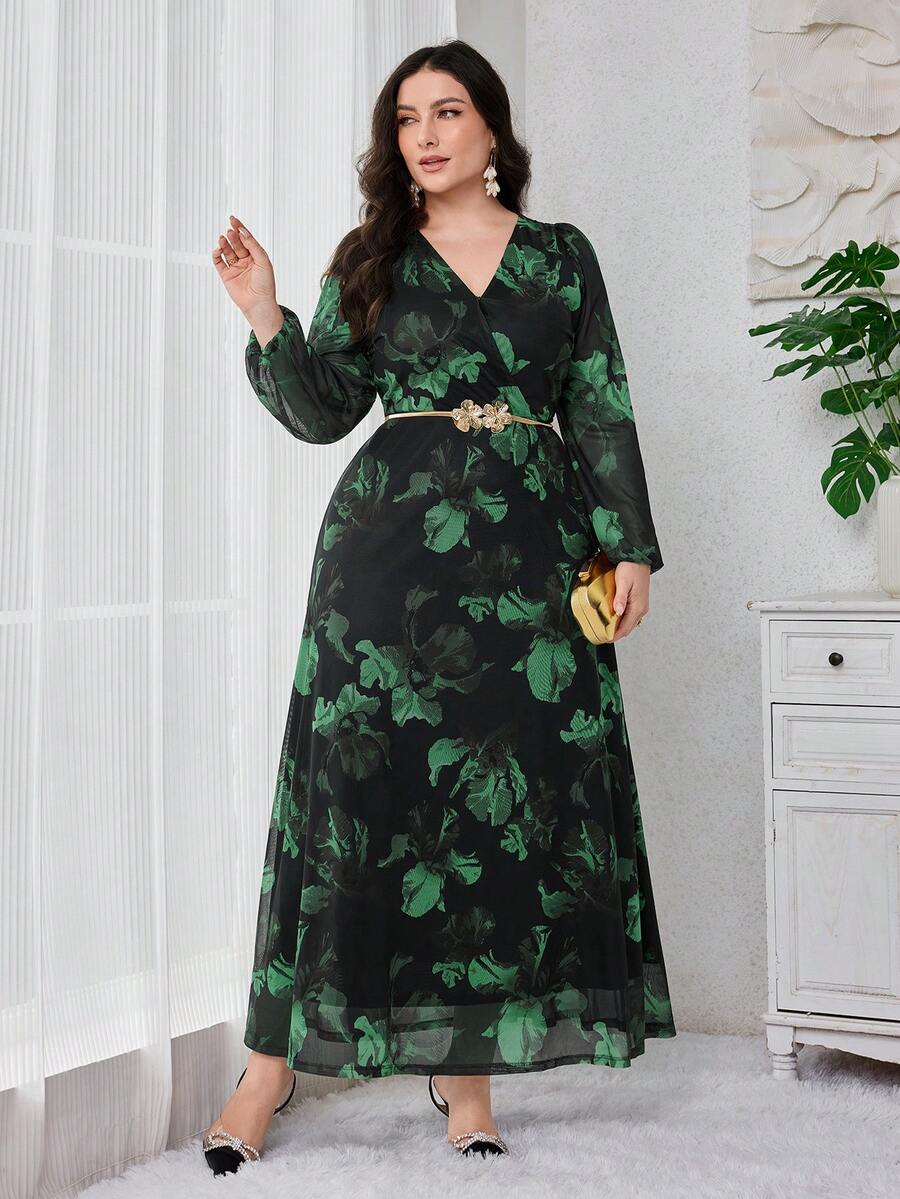 Modelyn Đầm dạ hội dài tay bồng bềnh họa tiết hoa cổ chữ V thanh lịch cho nữ cỡ lớn - màu xanh lá - Xem 1