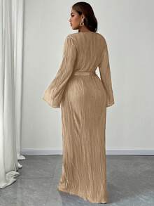 Maweii Đầm Maxi Cổ Tròn Tay Dài Buộc Eo Màu Trơn Cỡ Lớn Trang Phục Thường Ngày Tối Giản Cho Nữ - Màu Khaki - Xem 6