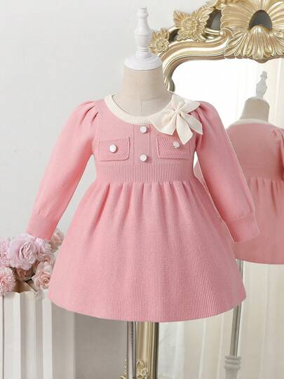 SHEIN Vestido de suéter de punto con lazo vintage para niñas, vestido de princesa de estilo coreano casual y de moda, adecuado para uso diario, salidas, otoño/invierno