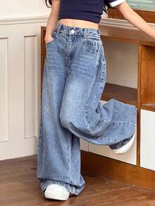 SHEIN Tween 女童高腰口袋阔腿宽松休闲百搭牛仔裤，秋冬 - 中等水洗藍 - 查看 5