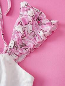 HELLO KITTY AND FRIENDS | SHEIN Women's Sweet Cat Print Contrast Lace Frill Trim Dress - Baby Pink - View 4