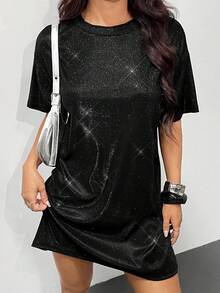 SHEIN PETITE 银色落肩闪光演唱会服装T恤连衣裙 - 黑色 - 查看 9