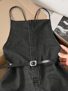 Comfortcana 女式休闲露背交叉牛仔连体衣 - 黑色 - 查看 4