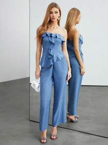 SHEIN Unity 2pcs Women's Fashion Elegant Asymmetrical Hem Ruffle Camisole And Pants Set - Blue - View 1