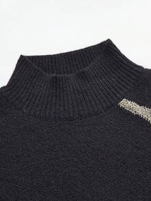 SHEIN PETITE 女式宽松蝙蝠袖立领针织上衣和阔腿裤两件套，秋冬 - 黑色 - 查看 6