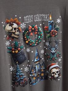 ROMWE Goth Dark Christmas Wreath, Candle, Skull Print Short Sleeve T-Shirt - Grey - View 4