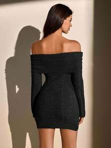 EURMUSE Petite 女士纯色粗针织露肩迷你毛衣裙 - 黑色 - 查看 2