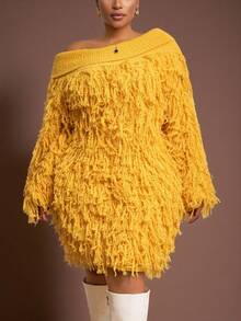 Slaydiva 秋冬新款优雅派对/约会/休闲外出/晚宴/返校季修身纯色姜黄色斜肩长袖流苏针织连衣裙，加大码迷你毛衣裙，新年服装，新年连衣裙 - A - 黃色 - 查看 4