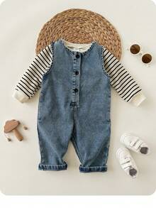 SHEIN Baby Girl Striped Crew Neck Sweatshirt And Washed Denim Jumpsuit Set
