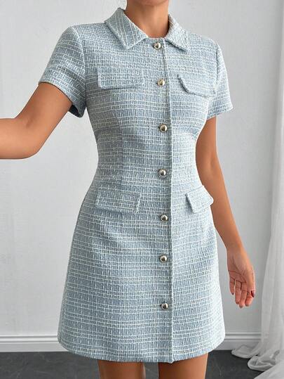 EURMUSE Chic Women's Tweed Mini Dress – Short Sleeve, Button-Front A-Line Dress, Plaid Shift For Elegant Summer Or Spring Outfits