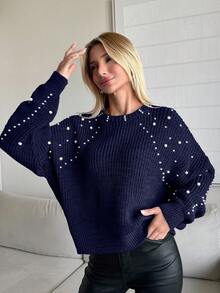 SHEIN Tall Round Neck Ribbed Pearl Knit Pullover, Casual Daily Wear - Navy Blue - View 4