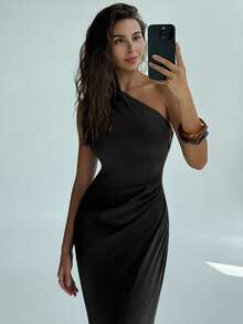 Aloruh Robe d'été élégante à couleur unie et ourlet asymétrique pour femmes - Noir - Voir 6