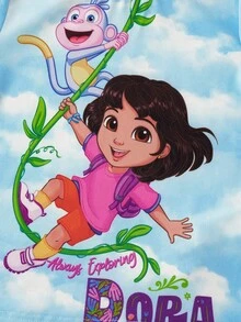 DORA | SHEIN Young Girls' Cartoon Graphic Tie-Dye Round Neck Loose Fit Long Sleeve T-Shirt, Autumn/Winter - Blue - View 4