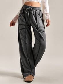 Easelle Women's Casual Dark Gray Sweatpants, Sweatpants Fried Snowflakes, Bloomers Washed Blue, 2025 Autumn And Winter All-Match Outdoor Wear - Dark Grey - View 1