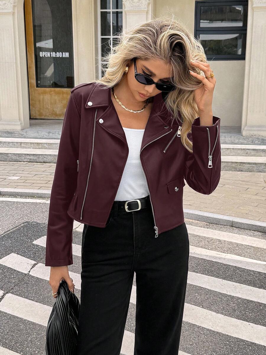 SHEIN Essnce Kurtka ze skóry PU z wycięciem pod szyją, zamkiem błyskawicznym z przodu i paskiem na jesień/zimę