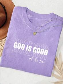 INAWLY 上帝是好的印花休闲衬衫，舒适的基督教信仰衬衫礼物，信仰T恤，教会团体衬衫，女士圆领刺绣T恤 - 紫羅蘭色 - 查看 3