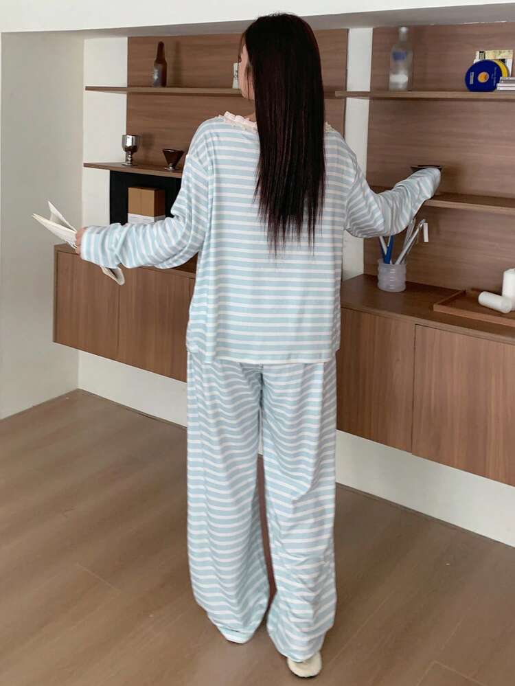 Dazy Plus 2pcs Striped Patchwork Ruffle Trim Casual Sleepwear Set, Plus Size Women Spring/Autumn, Fall & Winter Clothes