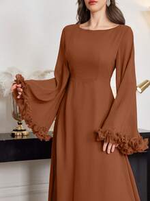 Modelyn Women's Elegant Waist Tie Flared Sleeve Ruffle Hem Dress - Brown - View 5