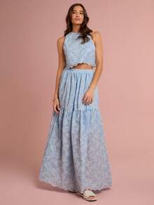 Enchnt 春夏浪漫女士淡蓝色精致花卉刺绣背心和长裙两件套服装，甜美优雅，适合度假、约会、节日、派对、毕业典礼、婚礼嘉宾和海滩，女士夏季服装，女士两件套，夏季服装