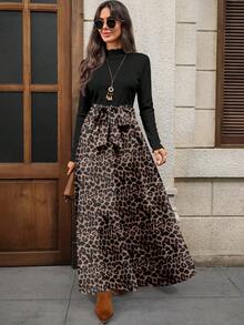 EMERY ROSE Váy dài họa tiết da báo thanh lịch, màu tương phản dành cho nữ, mùa thu/đông - trắng - Xem 4