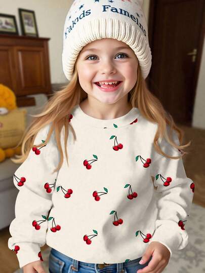 SHEIN 年轻女孩奶油白色，可爱甜美迷你樱桃图案，休闲宽松圆领舒适日常穿着长袖运动衫，适合秋冬、夏季、轻松舒适、秋季分层穿着，时尚、休闲装、图案、返校、秋季、返校节樱桃运动衫樱桃毛衣适合女孩秋季