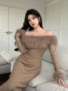 Feyla Women's Solid Color Off-Shoulder Fluffy Splice Elegant Long Sleeve Dress Long Evening Dresses - Brown - View 3