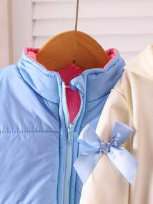 3 件套女童休闲可爱日常服装，包括蓝色连帽长袖运动衫、粉色蝴蝶结背心、圆领套头衫和裤子，时尚冬季儿童户外服装 - 藍色 - 查看 6